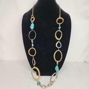 Chicos Womens Turquoise Long Gem Silver Toned Necklace